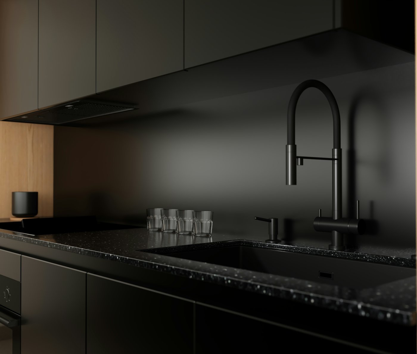 Black granite worktop in a modern kitchen