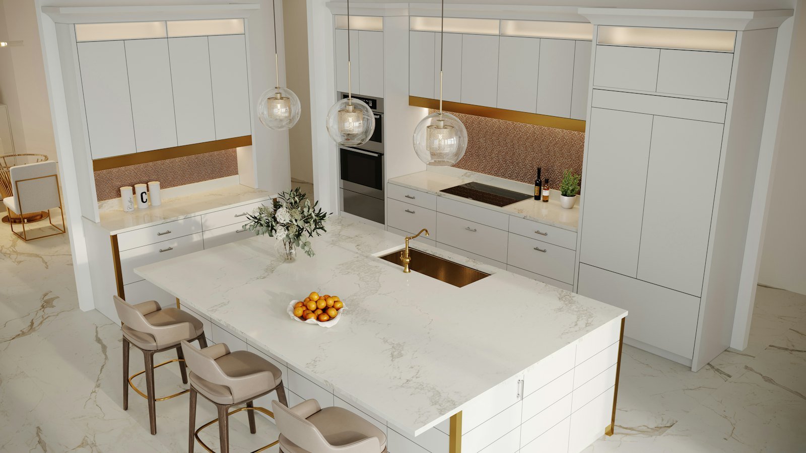 Kitchen island with a white quartz top