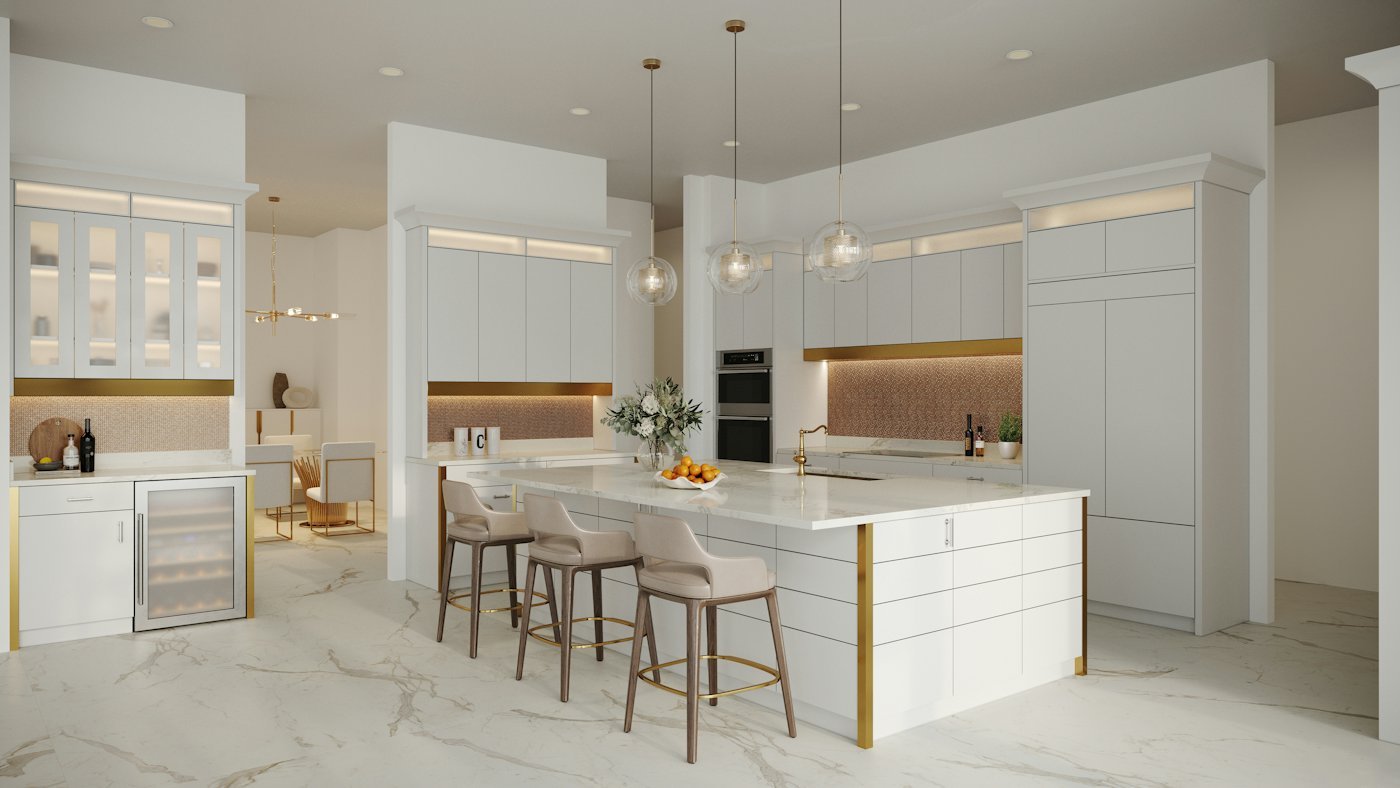 White kitchen with marble-look stone island