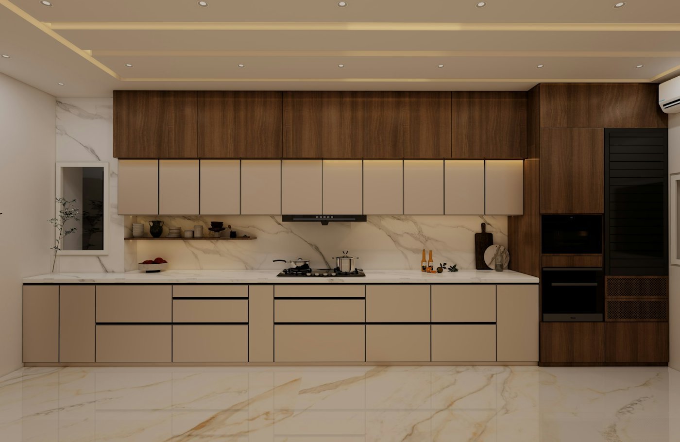 Long kitchen with stone backsplash and wood cabinets