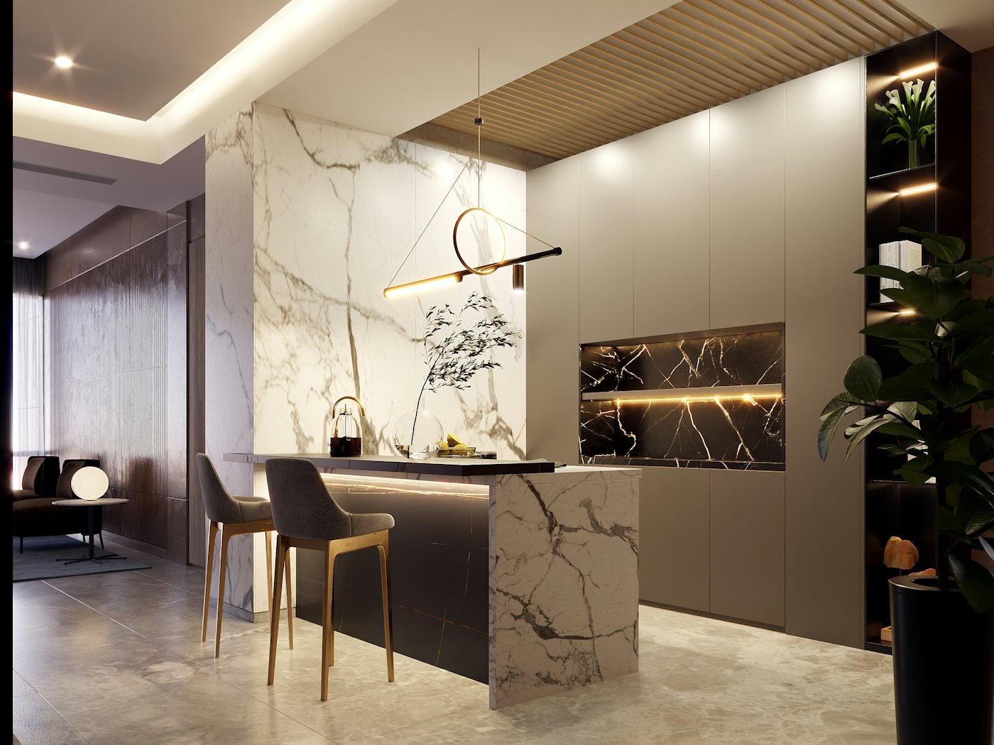 Kitchen island clad in veined stone with pendant light